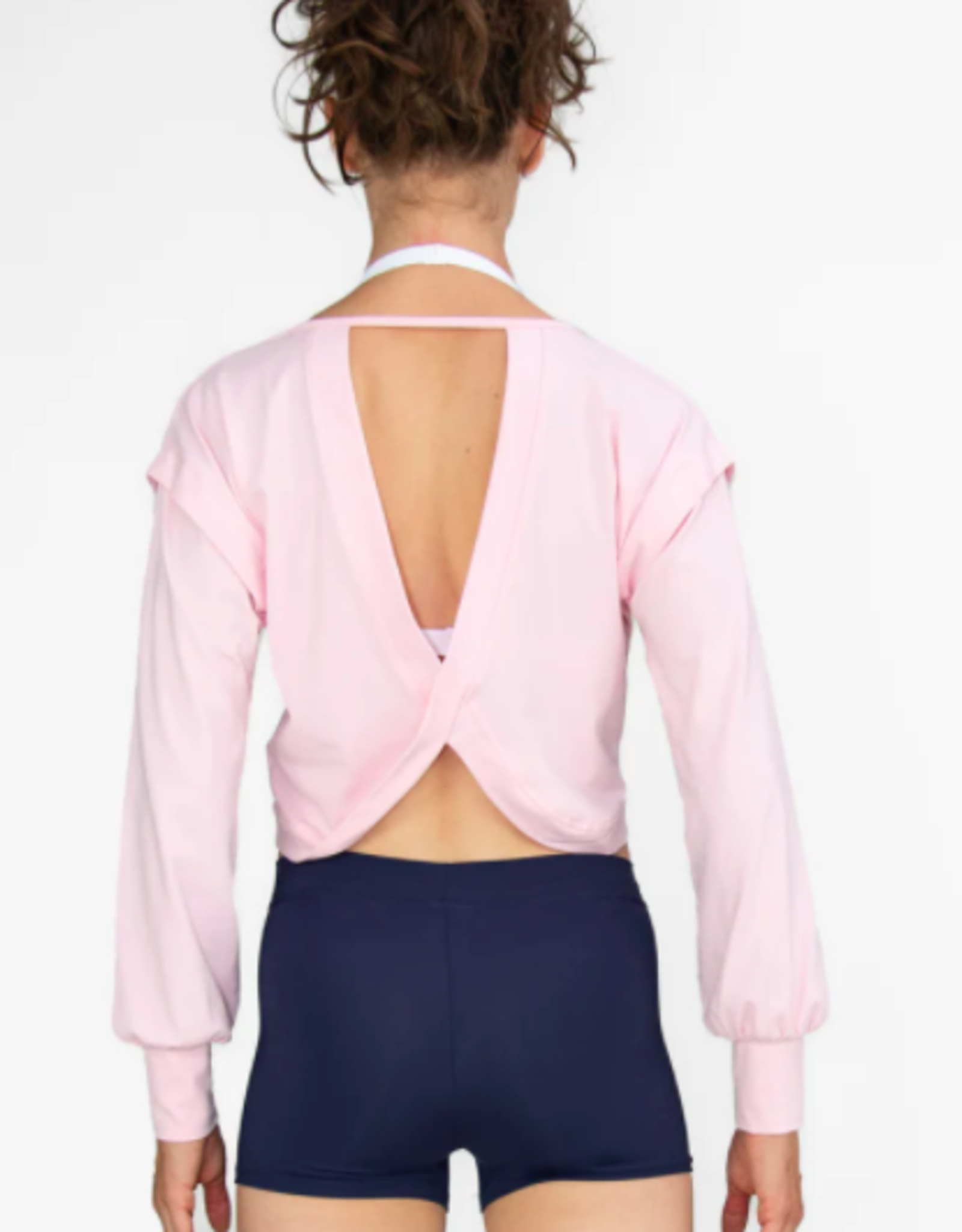 DROP SHOULDER PUFF SLEEVE FAUX CROSS-OVER CROP PULLOVER
