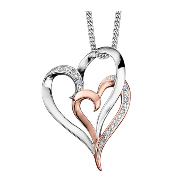 10k Rose And White Gold Double Heart Diamond Pendant 0 035ct - White Gold Double Heart Diamond Pendant
