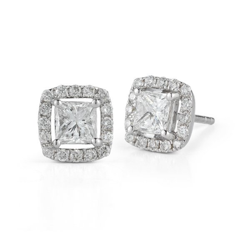 14k White Gold Halo Square Diamond Stud Earrings