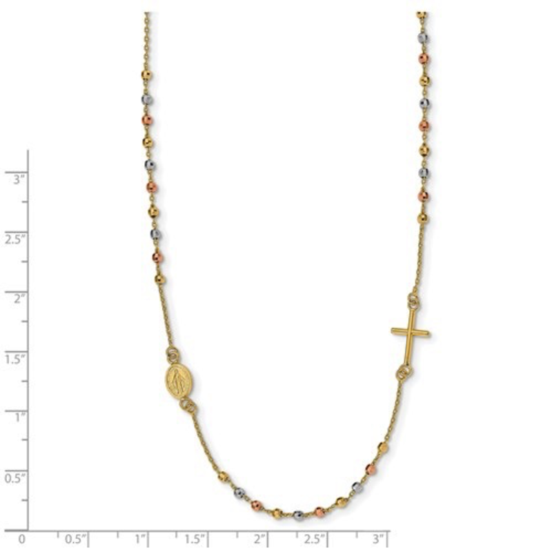 Ladies 14K Yellow Gold Religious Sideways Cross Rosary Chain Necklace 16 inch