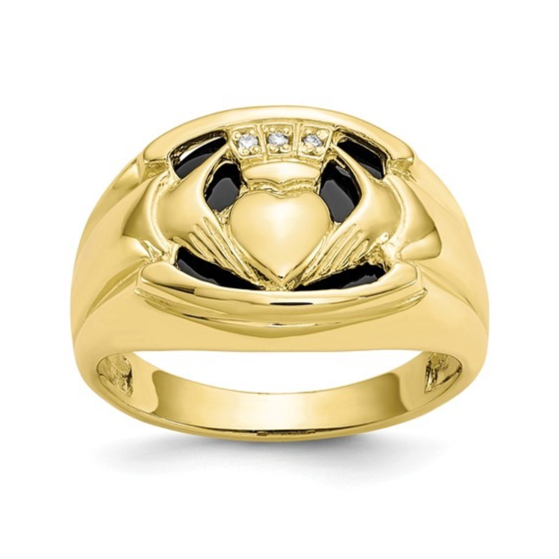10k Yellow Gold Men S Diamond And Black Onyx Claddagh Ring