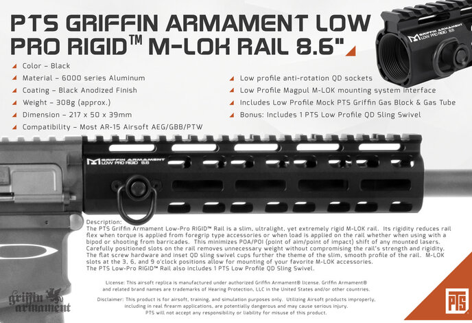 PTS Griffin Armament Low Pro RIGID M-LOK Rail 8.6"