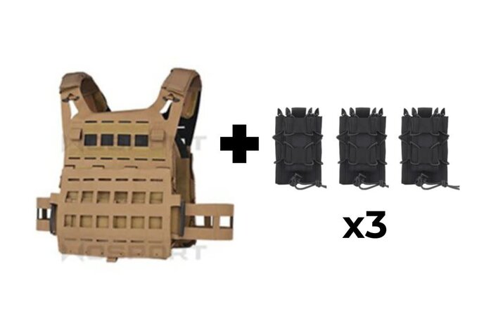 Wosport Lightweight SPC Tactical Vest + 3x Tiger Kangaroo Pouch Combo