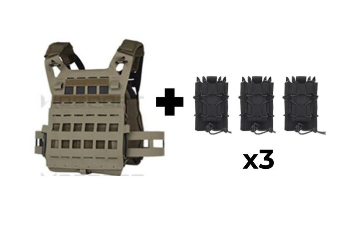 Wosport Lightweight SPC Tactical Vest + 3x Tiger Kangaroo Pouch Combo