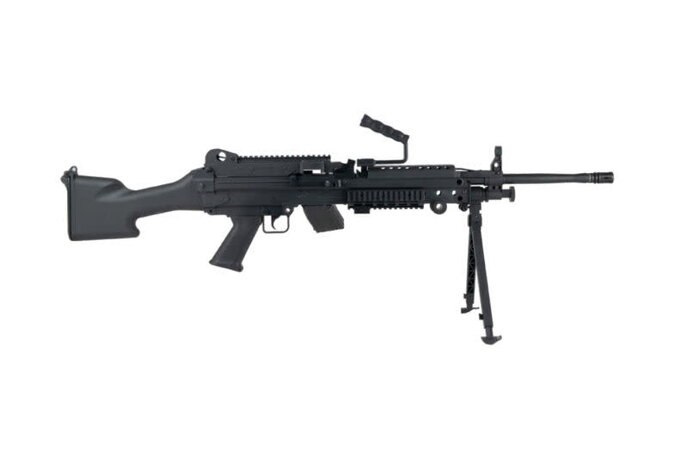Cybergun FN Licensed M249 E2 Full Stock "Featherweight" Airsoft Machine Gun 400 FPS w/2500 rd box magazine