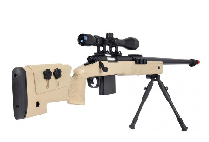 Wellfire M40A3 spring sniper rifle w/scope and bipod, tan