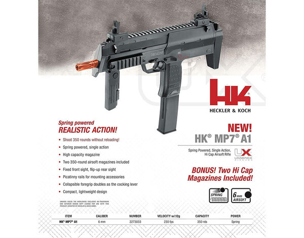 Elite Force H&K MP7 Spring Airsoft Pistol w/ 2 Magazines, Black