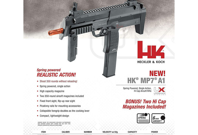H&K MP7 Spring Airsoft Pistol w/ 2 Magazines, Black
