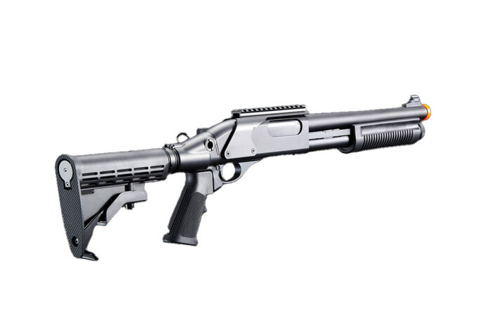 Golden Eagle Gas Airsoft Shotgun w/ Optic Rail & M4 Crane Stock - Black