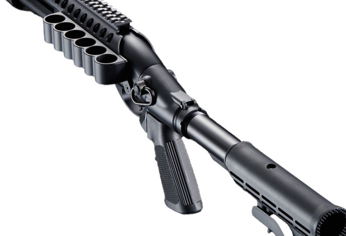 Golden Eagle Gas Airsoft Shotgun w/ Optic Rail & M4 Crane Stock - Black