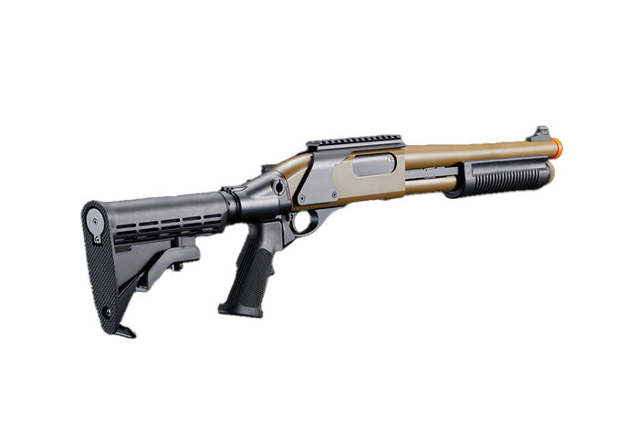 Golden Eagle Gas Airsoft Shotgun w/ Optic Rail & M4 Crane Stock - Tan