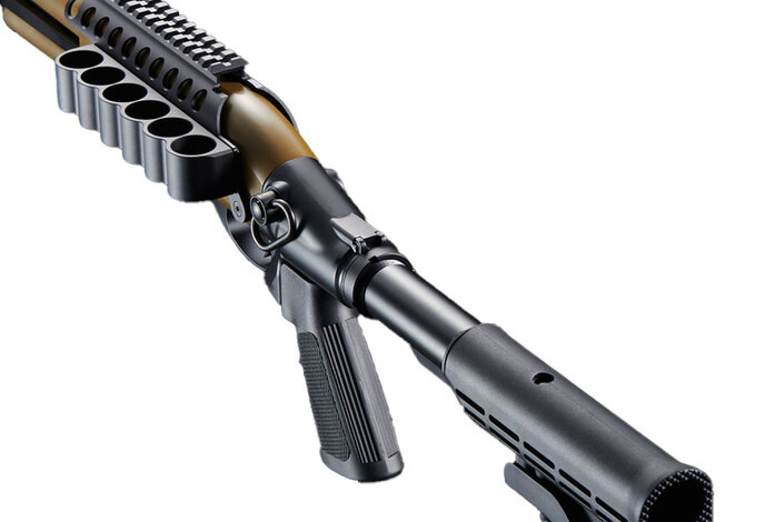 Golden Eagle Gas Airsoft Shotgun w/ Optic Rail & M4 Crane Stock - Tan