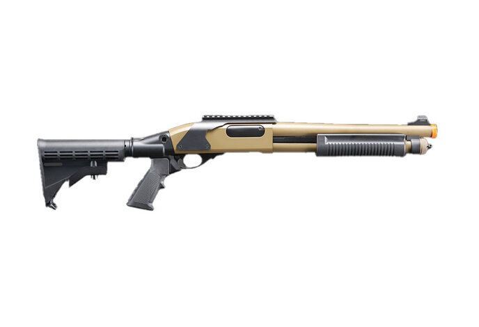 Golden Eagle Gas Airsoft Shotgun w/ Optic Rail & M4 Crane Stock - Tan