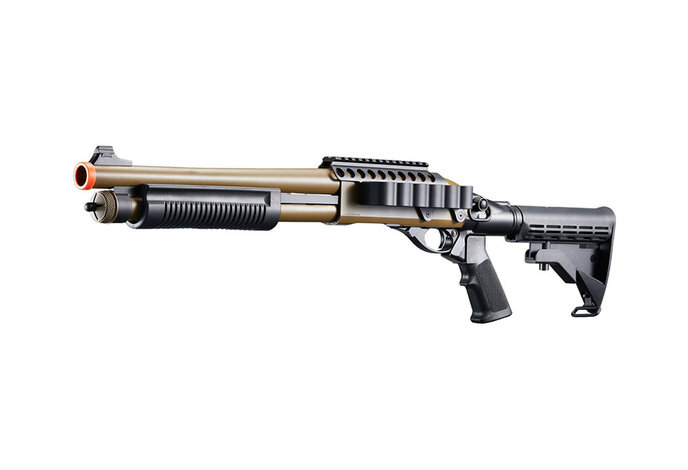 Golden Eagle Gas Airsoft Shotgun w/ Optic Rail & M4 Crane Stock - Tan