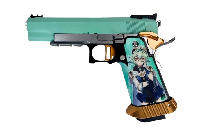 AEX CUSTOM SUCROSE SIMP GAT Tokyo Marui Hi Capa 5.1 Gas Blowback Pistol, Teal/Orange