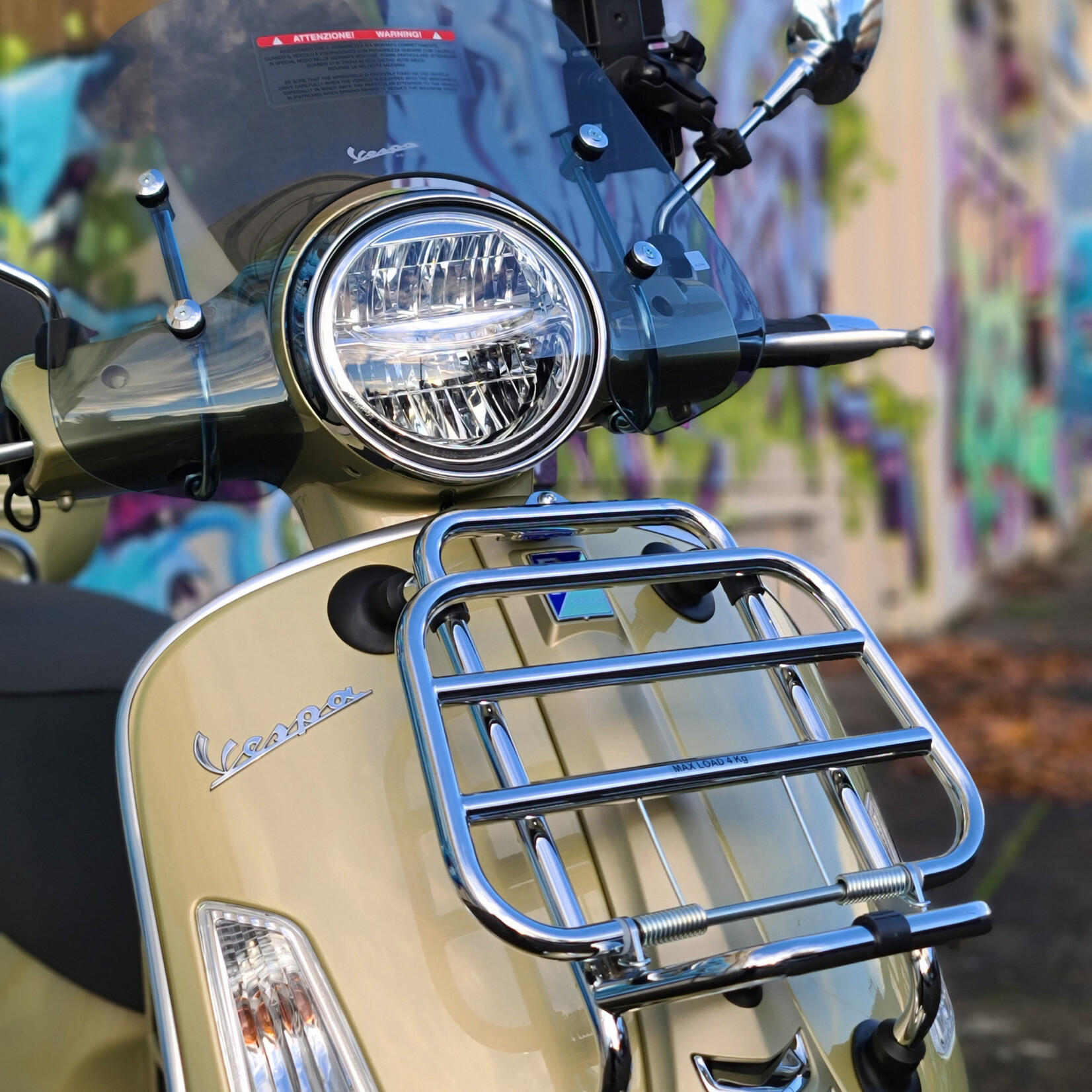 Vespa OEM Piaggio Chrome Front Folding Rack — Vespa GT, GTS, GTV & Super Series 2003–2019 (Part #1B001482) — Does NOT Fit HPE Models