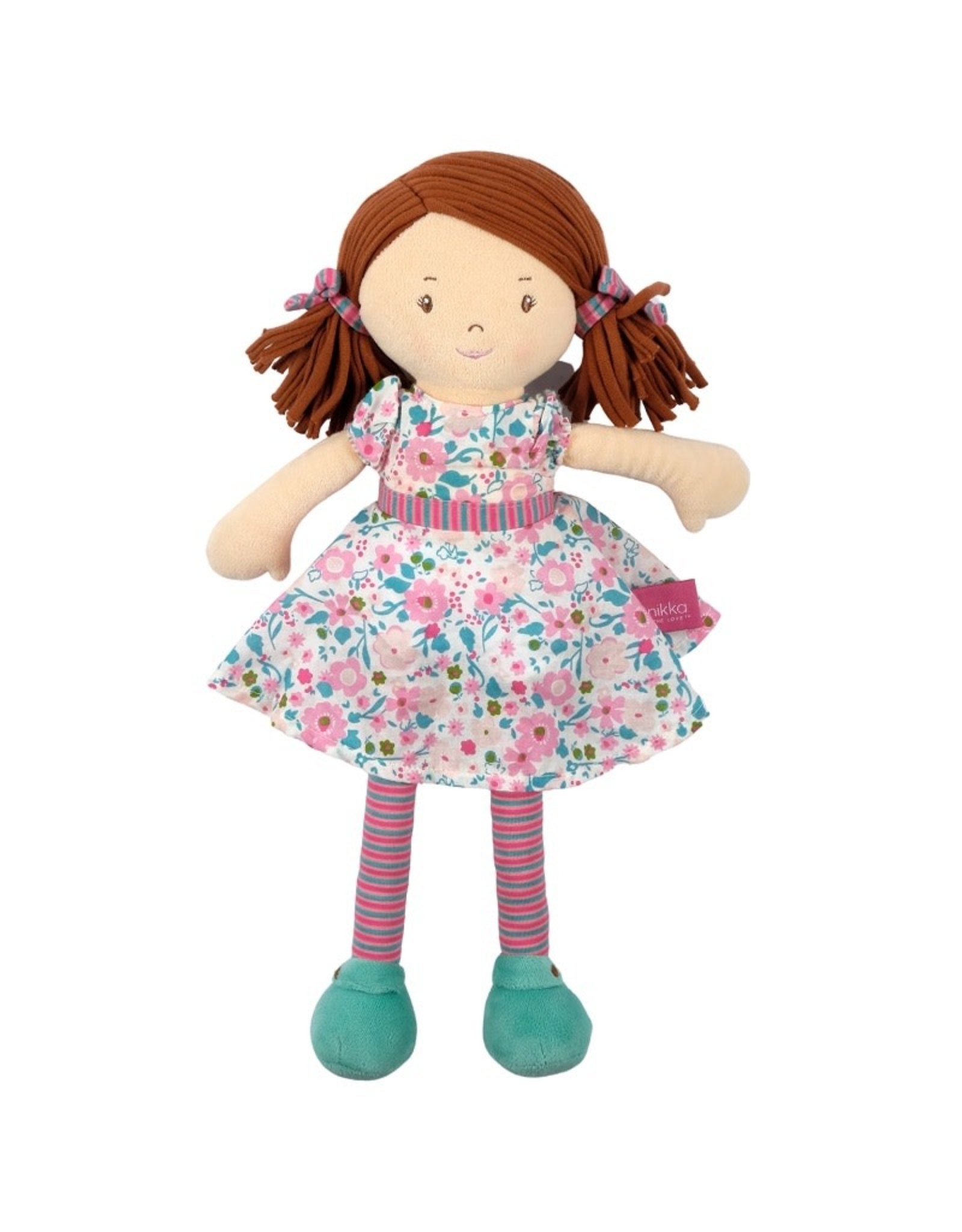 Tikiri Katy Doll - Dark Brown Hair with Pink & Sea Green Dress