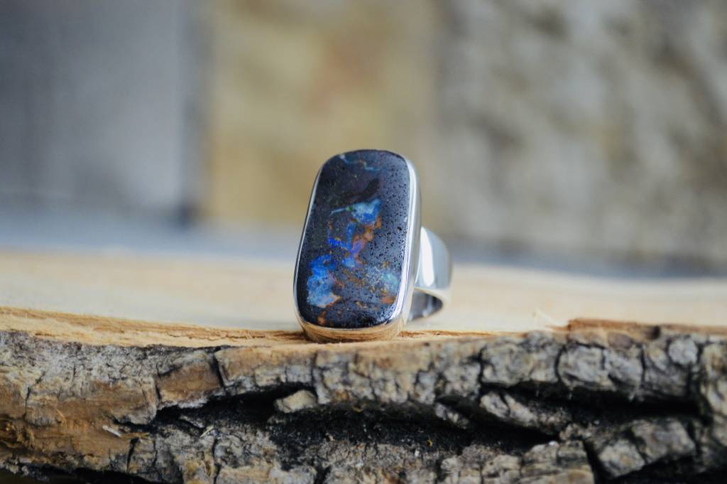 Boulder Opal Sterling Rectangle Ring Sz 8.5