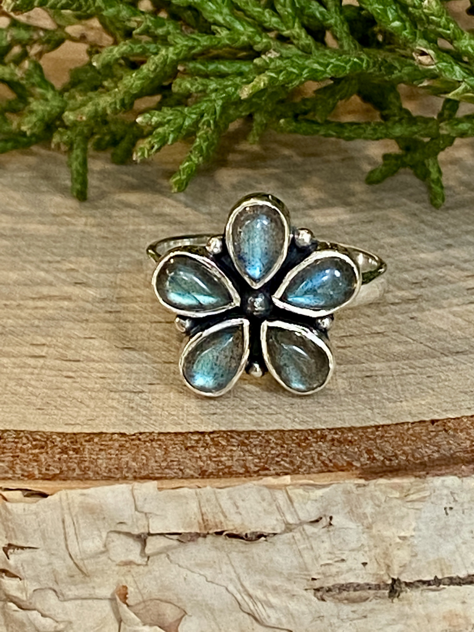 Labradorite Flower Sterling Ring - Size 7