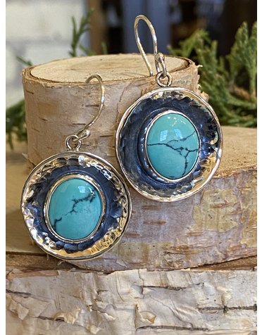 Turquoise Round Hammered Earrings