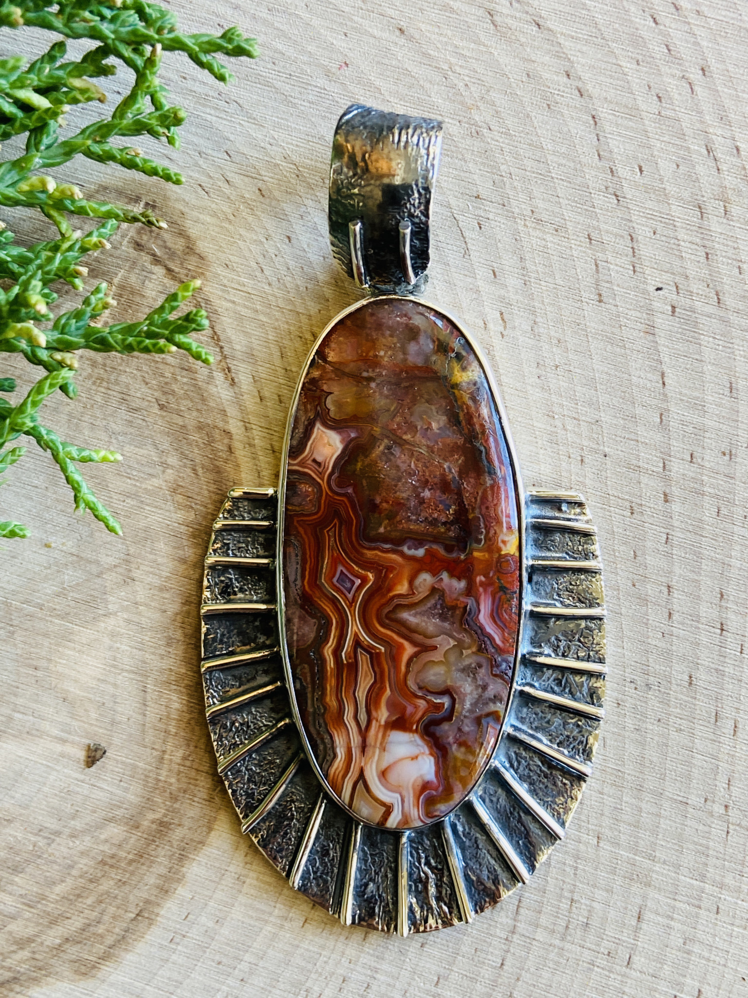 Large Lace Agate Oxidized Sterling Collar Pendant