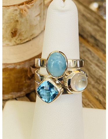 Larimar, Moonstone & Blue Topaz Sterling Ring - Size 6.75