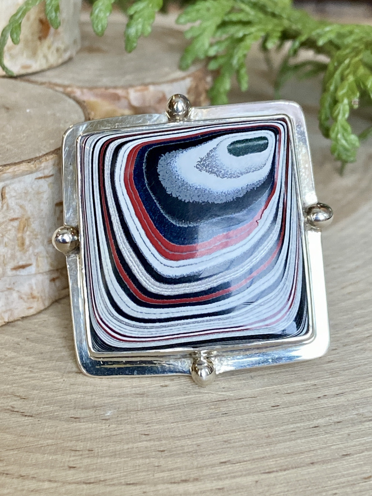 Fordite Square w/Silver Balls Ring - Adj