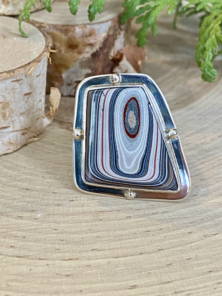 Fordite Trapezoid w/Silver Balls Ring - Adj