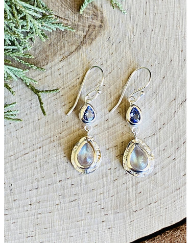 Moonstone & Iolite Hammered Sterling Teardrop Earrings