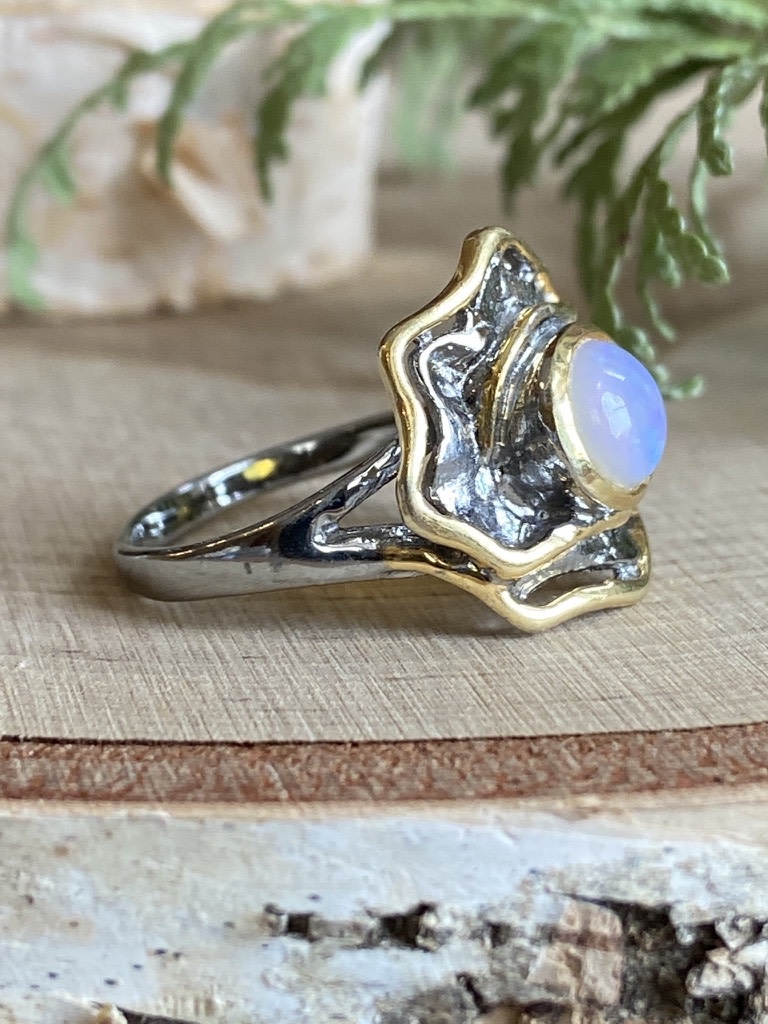 Ethiopian Opal Gold Flower Ring - Size 9