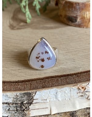 Dendritic Agate Pear Sterling Ring - Size 5.5
