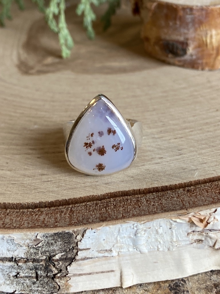 Dendritic Agate Pear Sterling Ring - Size 5.5