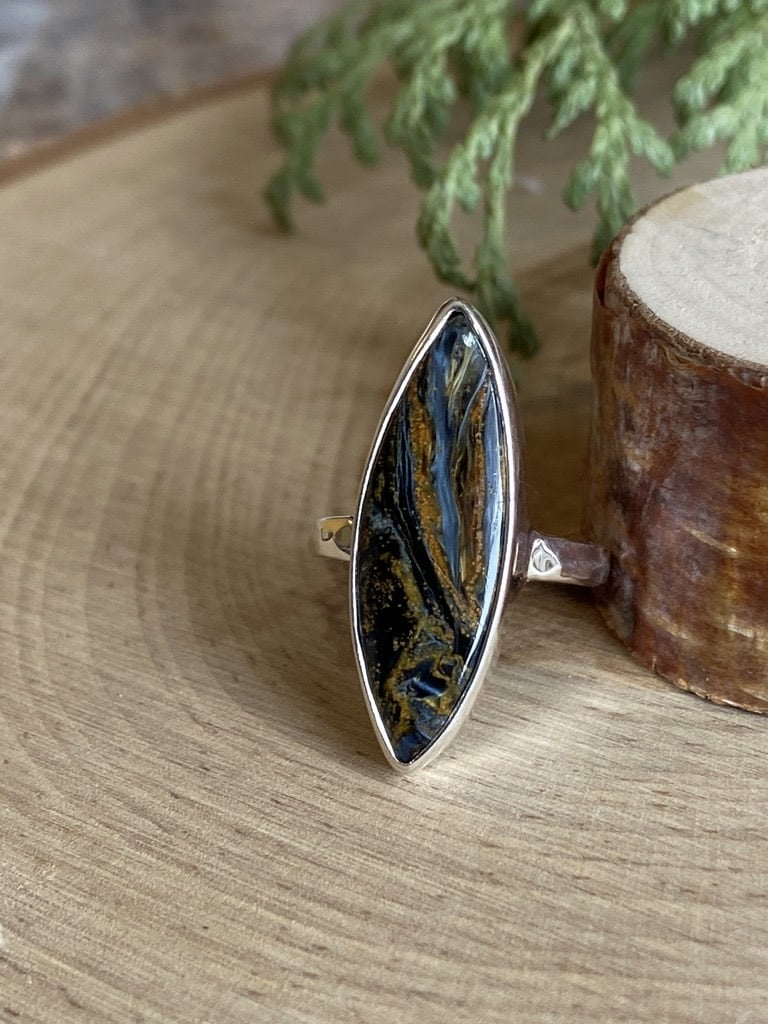 Pietersite Long Marquise Sterling Ring - Size 5