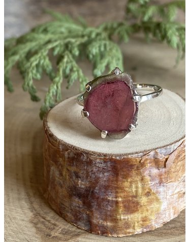 Watermelon Tourmaline Slice Sterling Ring - Size 9