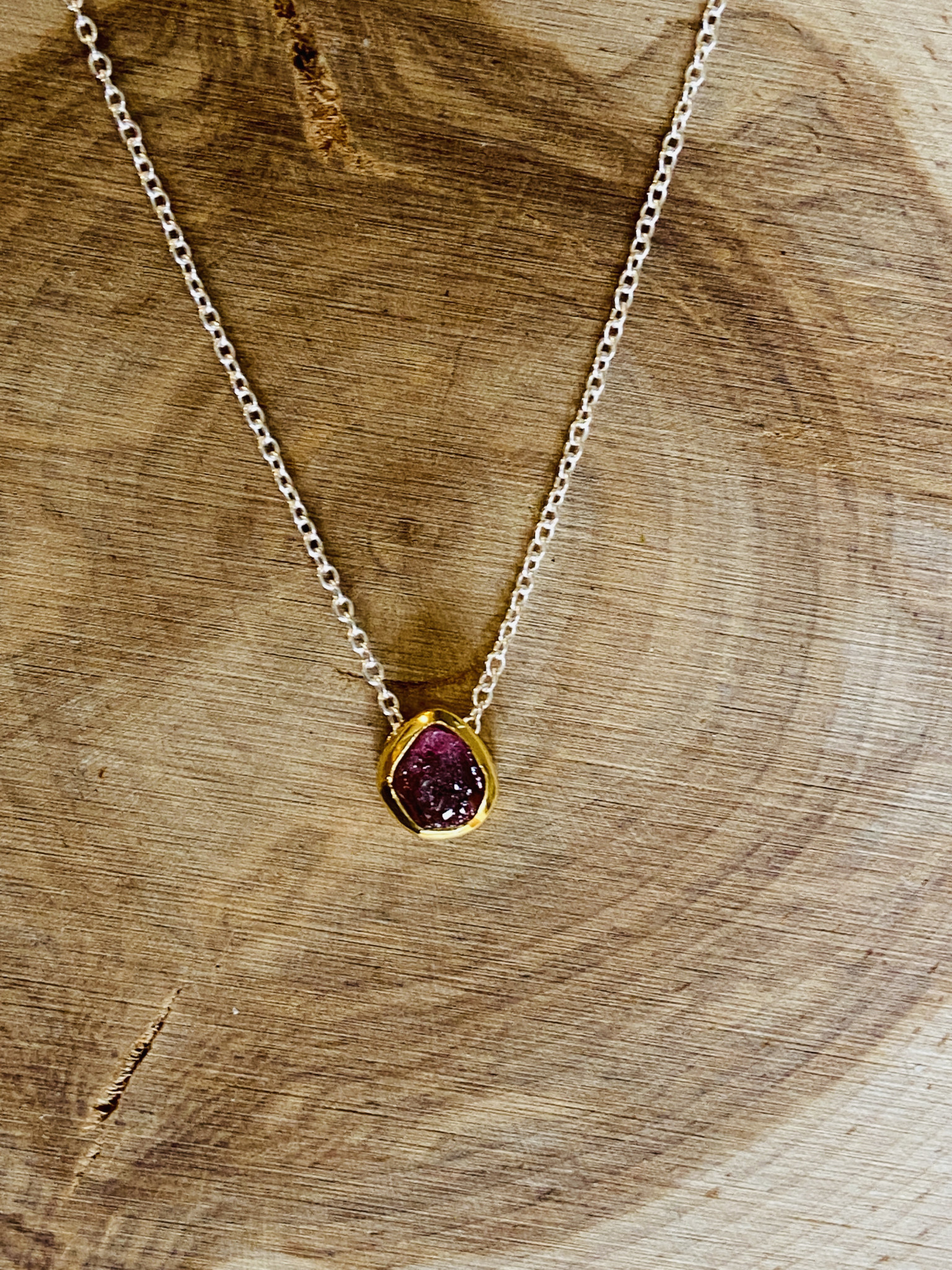 Tourmaline Pink Rough w/GP Sterling Necklace