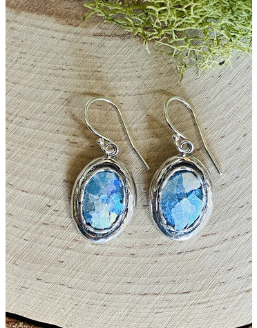 Sterling Silver Oval Roman Glass Earrings