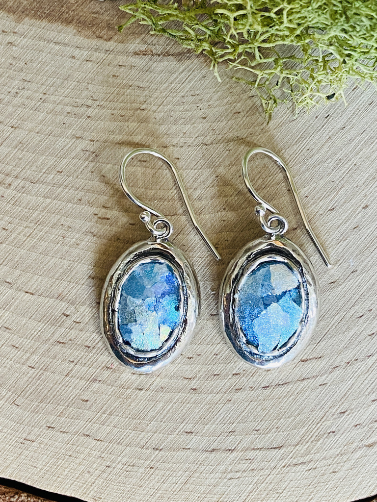 Sterling Silver Oval Roman Glass Earrings