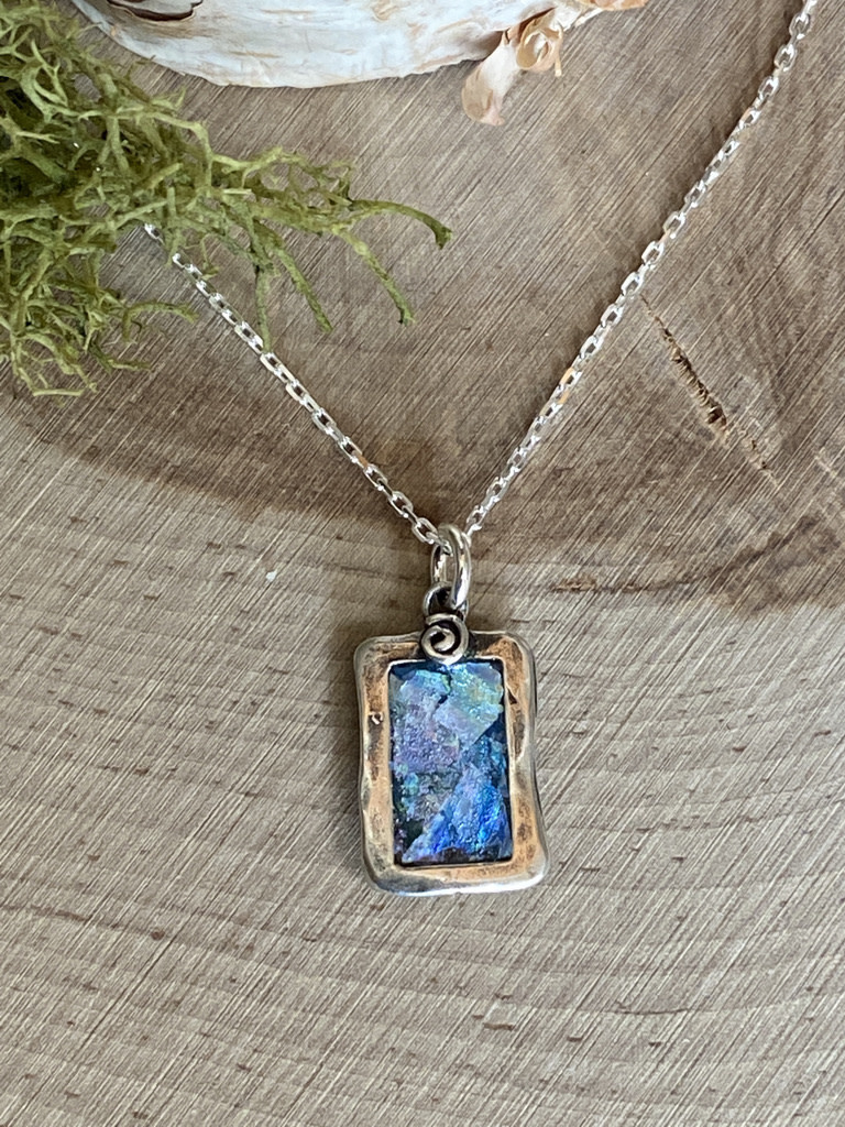 Sterling Silver Rectangle Swirl Roman Glass Necklace