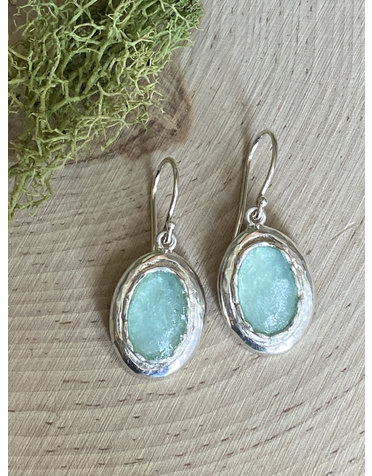 Sterling Silver Oval Green Roman Glass Earrings