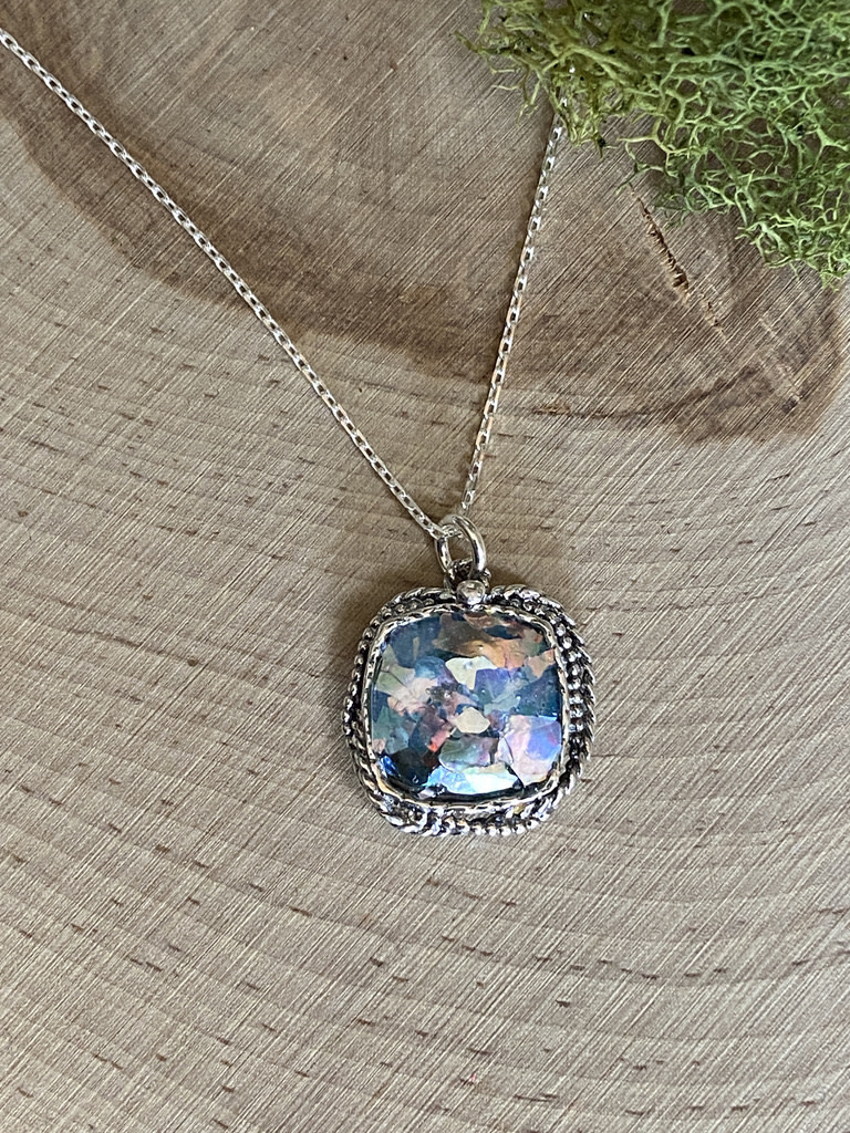 Sterling Silver Square Rope Roman Glass 