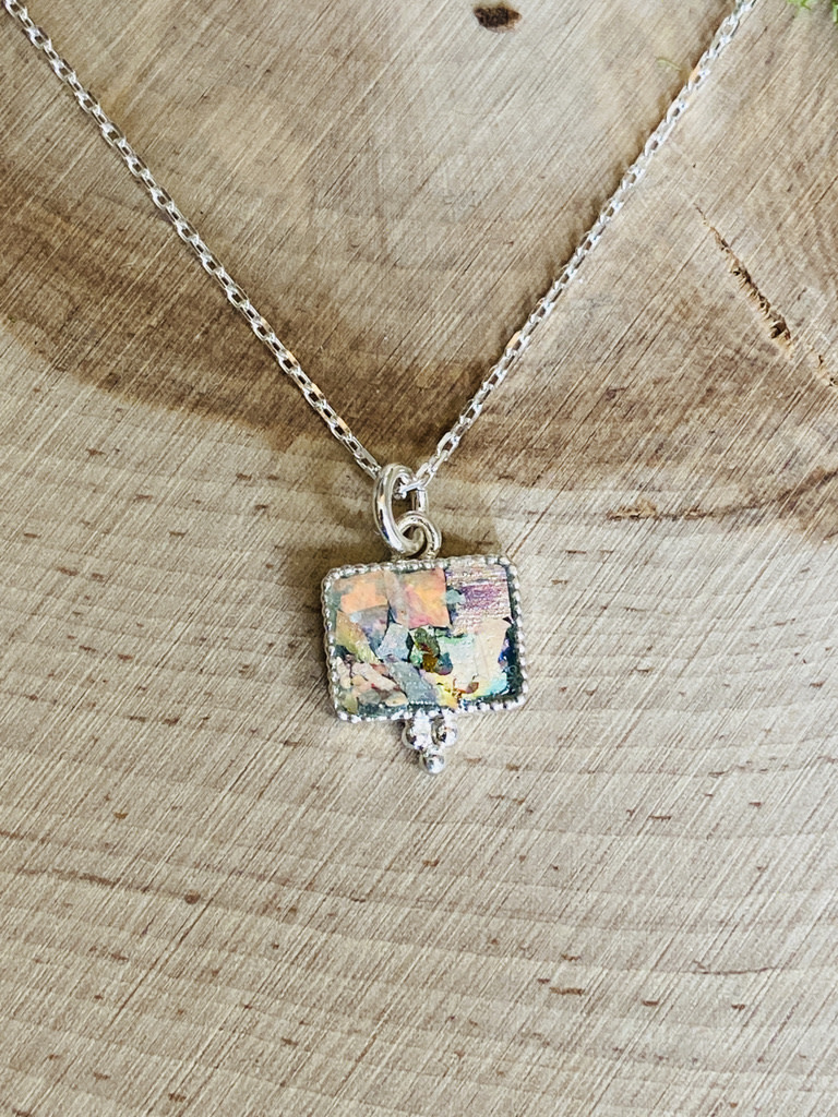 Sterling Patina Roman Glass Tiny Rectangle Necklace