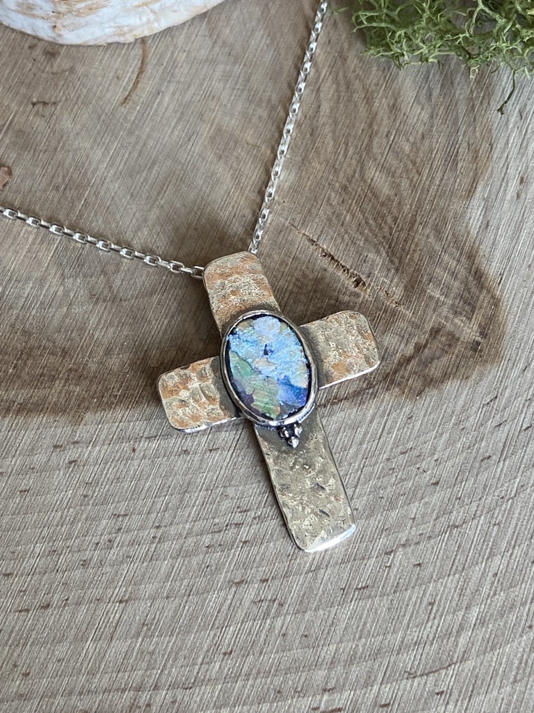 Sterling Patina Roman Glass Cross Necklace