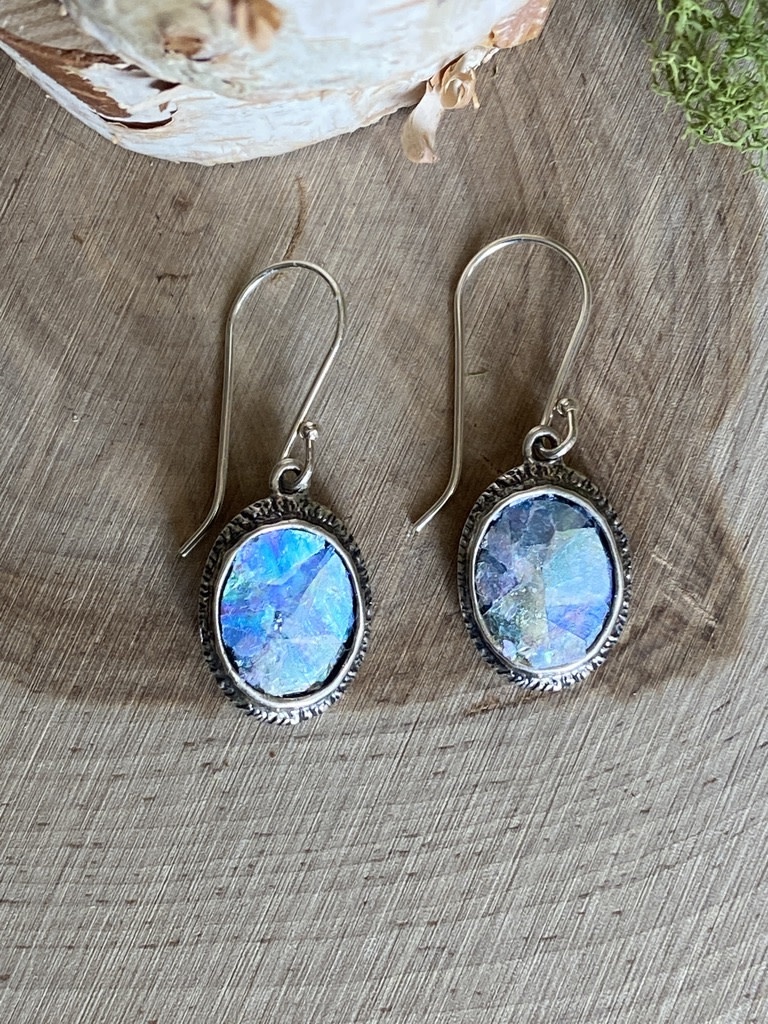 Sterling Patina Roman Glass Oval Earrings