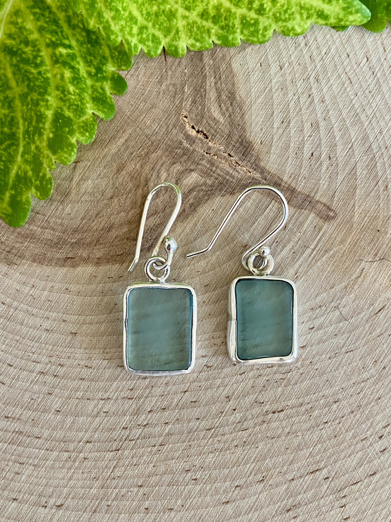 Beach Glass Ice Blue Square Sterling Earrings