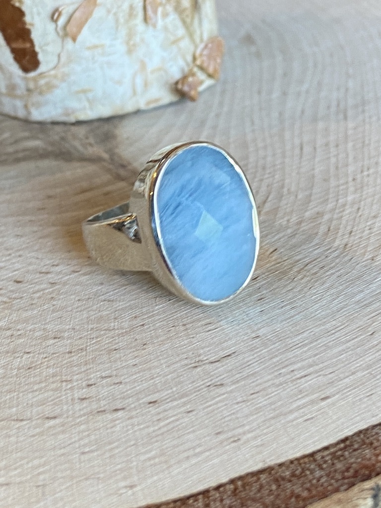 Aquamarine Oval Faceted Sterling Ring Sz 6