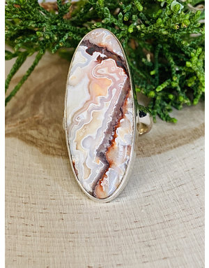 Crazy Lace Agate Long Oval Sterling Ring Sz 9