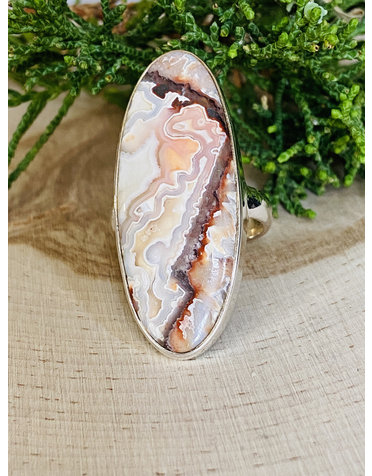 Crazy Lace Agate Long Oval Sterling Ring Sz 9