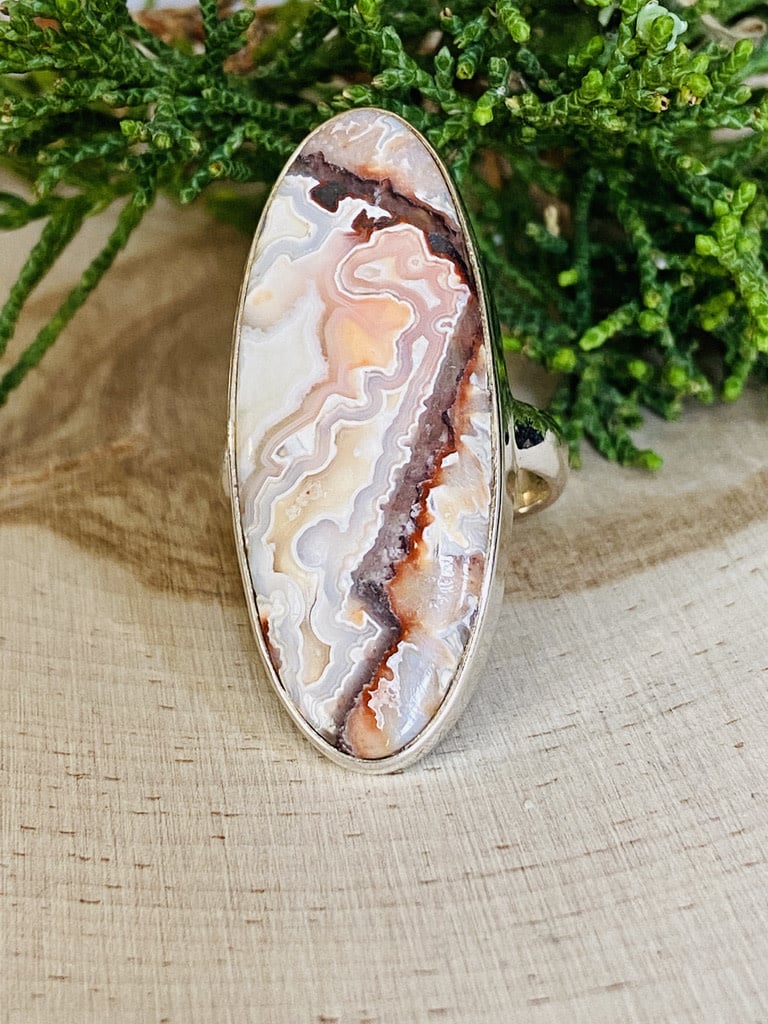 Crazy Lace Agate Long Oval Sterling Ring Sz 9
