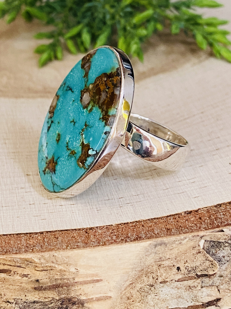 Turquoise Large Oval Sterling Ring - Sz 8