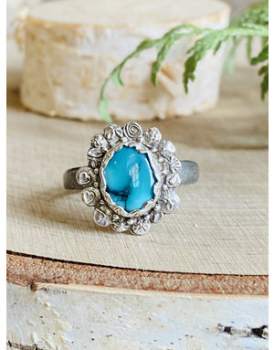 Turquoise Sterling Stamped Flower Ring - Size 8